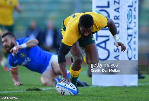 Marika Koroibete of Australia touches down to score their first try during the international friendly between Italy and Australia at Stadio Euganeo...
