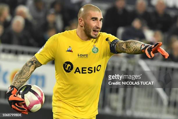 Saint-Etienne's French goalkeeper Stephane Ruffier gestures during the French L1 football match between FC Girondins de Bordeaux and AS Saint-Etienne...