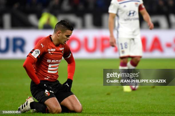 Rennes' French forward Hatem Ben Arfa reacts during the French L1 football match between Olympique Lyonnais and Stade Rennais Football Club at the...