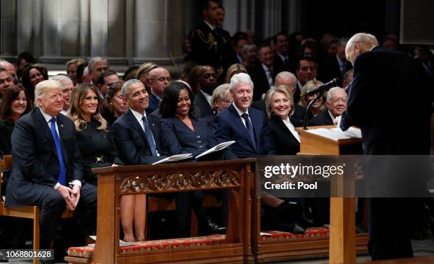 From left, President Donald Trump, first lady Melania Trump, former President Barack Obama, former first lady Michelle Obama, former President Bill...