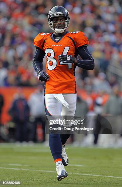 Wide receiver Brandon Lloyd of the Denver Broncos heads to the line of scrimmage against the Kansas City Chiefs at INVESCO Field at Mile High on...