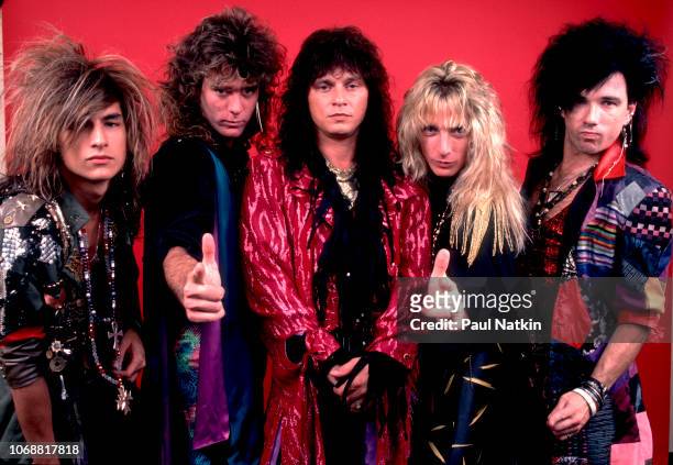 Portrait of American band Rough Cutt, left to right, Amir Derakh, Matt Thorr, Paul Shortino, David Alford, and Chris Hager, in Chicago, Illinois,...