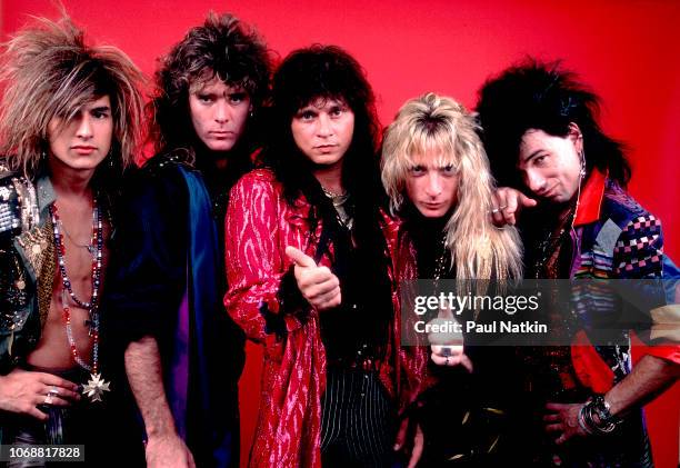 Portrait of American band Rough Cutt, left to right, Amir Derakh, Matt Thorr, Paul Shortino, David Alford, and Chris Hager, in Chicago, Illinois,...