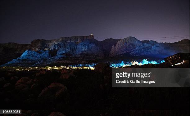 Cape Town's famous Table Mountain lights the skyline in blue on 14 November 2010 in Cape Town, South Africa. The landmark turned blue for World...