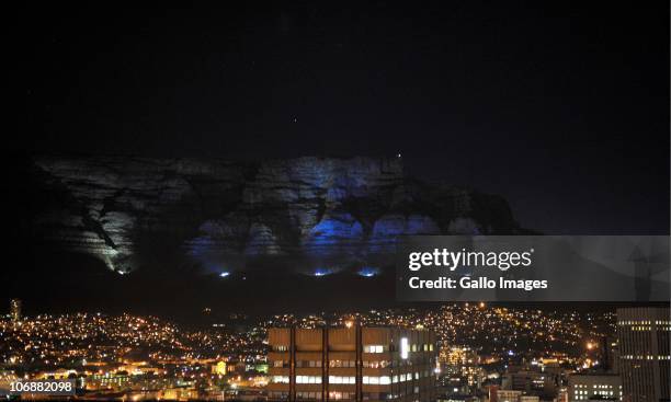 Cape Town's famous Table Mountain lights the skyline in blue on 14 November 2010 in Cape Town, South Africa. The landmark turned blue for World...