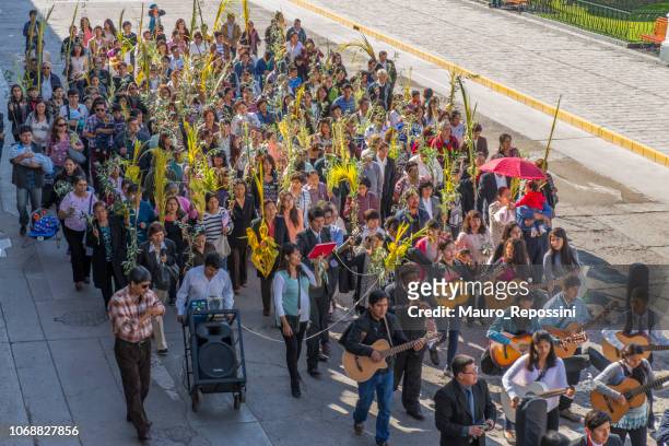 people with multicolored dresses and hats and a marching band during the celebration of the palm sunday of easter at ayacucho city, peru. - palm sunday stock pictures, royalty-free photos & images
