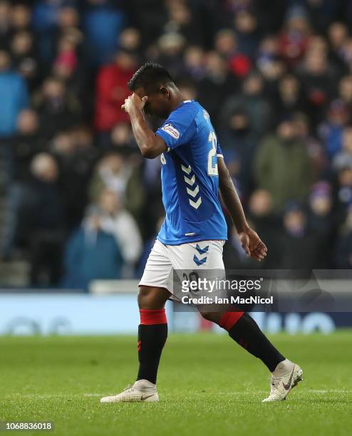 Alfredo Morelos of Rangers leaves the field after a second yellow card during the Scottish Ladbrokes Premiership match between Rangers and Aberdeen...