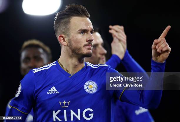 James Maddison of Leicester City celebrates after scoring his team's first goal during the Premier League match between Fulham FC and Leicester City...