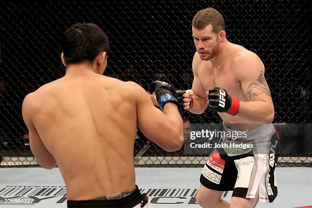 Nate Marquardt of the USA fights with Yushin Okami of Japan during their UFC Middleweight Championship Eliminator bout at the Konig Pilsner Arena on...