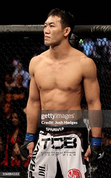 Yushin Okami of Japan looks on during his UFC Middleweight Championship Eliminator bout at the Konig Pilsner Arena on November 13, 2010 in...