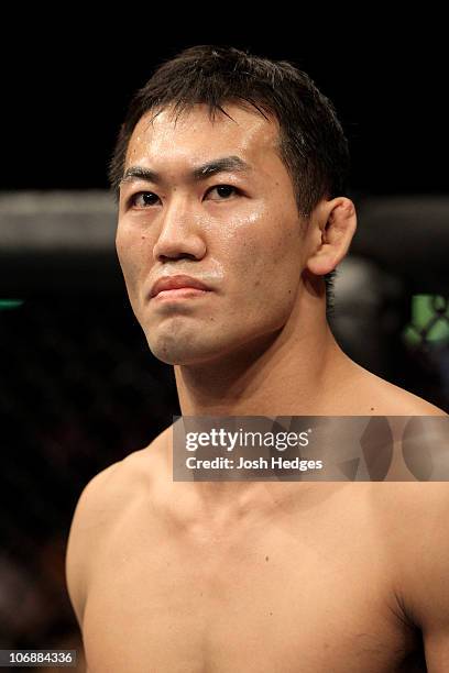 Yushin Okami of Japan looks on during his UFC Middleweight Championship Eliminator bout at the Konig Pilsner Arena on November 13, 2010 in...