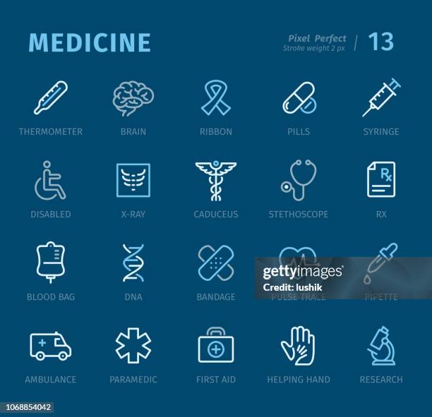 medicine - outline icons with captions - microscope isolated stock illustrations