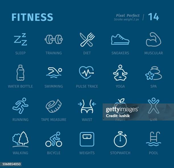 ilustrações de stock, clip art, desenhos animados e ícones de fitness - outline icons with captions - quinta de saúde