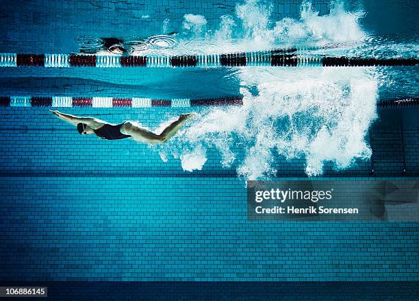 female swimmer underwater in pool - diving sport stockfoto's en -beelden