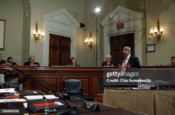 Rep. Charlie Rangel makes an opening statement during his House of Representatives ethics committee hearing before unexpectedly leavning the hearing...