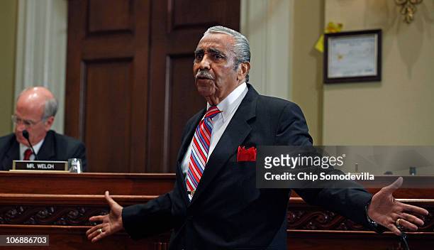 Rep. Charlie Rangel makes an opening statement during his House of Representatives ethics committee hearing before unexpectedly leavning the hearing...
