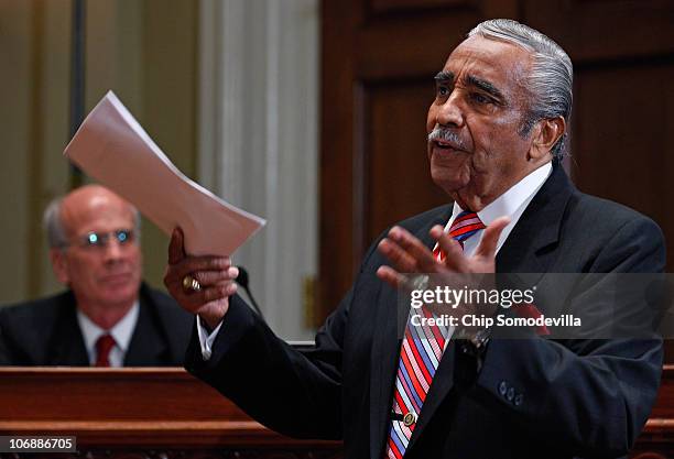 Rep. Charlie Rangel makes an opening statement during his House of Representatives ethics committee hearing before unexpectedly leavning the hearing...