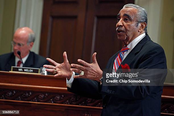 Rep. Charlie Rangel makes an opening statement during his House of Representatives ethics committee hearing before unexpectedly leavning the hearing...