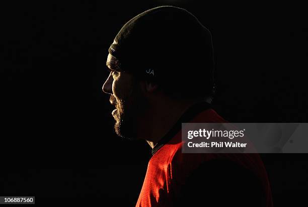 John Afoa of the All Blacks looks into the fading light during a New Zealand All Blacks recovery session at Westmanstown on November 15, 2010 in...