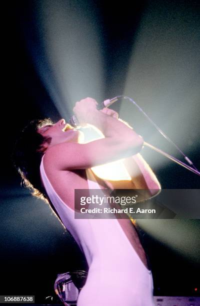 Freddie Mercury from Queen performs live on stage at Madison Square Garden in New York in February 1977