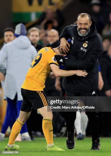 Nuno Espirito Santo manager of Wolverhampton Wanderers celebrates with Ruben Vinagre after the win during the Premier League match between...