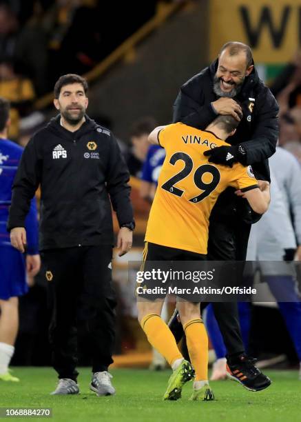 Nuno Espirito Santo manager of Wolverhampton Wanderers celebrates with Ruben Vinagre after the win during the Premier League match between...