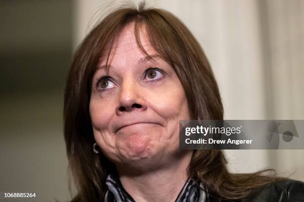 Mary Barra, chief executive officer of General Motors , speaks to reporters after a meeting with Sen. Rob Portman and Sen. Sherrod Brown on Capitol...