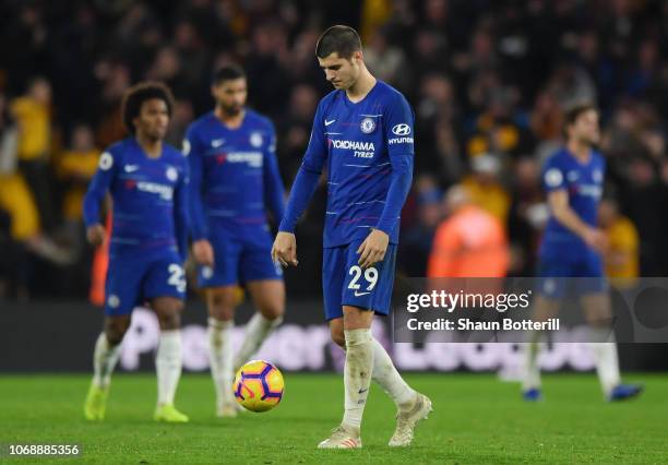 Alvaro Morata of Chelsea reacts during the Premier League match between Wolverhampton Wanderers and Chelsea FC at Molineux on December 5, 2018 in...