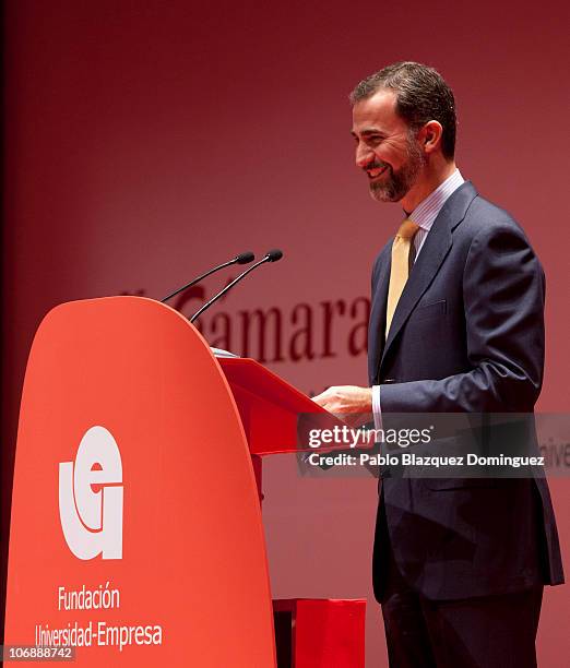 Prince Felipe of Spain speaks at the 'Dia del Joven Emprendedor' 10th Anniversary at Parque Ferial Juan Carlos I on November 15, 2010 in Madrid,...