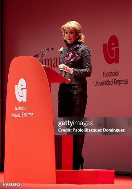 Esperanza Aguirre speaks at the 'Dia del Joven Emprendedor' 10th Anniversary at Parque Ferial Juan Carlos I on November 15, 2010 in Madrid, Spain.