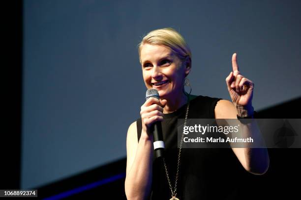 New York best-selling author, Eat, Pray, Love Elizabeth Gilbert speaks on stage during 2018 Massachusetts Conference For Women - Opening Night at...