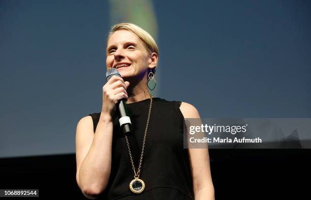New York best-selling author, Eat, Pray, Love Elizabeth Gilbert speaks on stage during 2018 Massachusetts Conference For Women - Opening Night at...