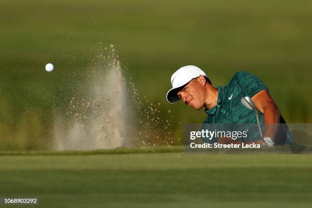 Cameron Champ of the United States plays a shot from a bunker on the 15th hole during the third round of the RSM Classic at the Sea Island Golf Club...