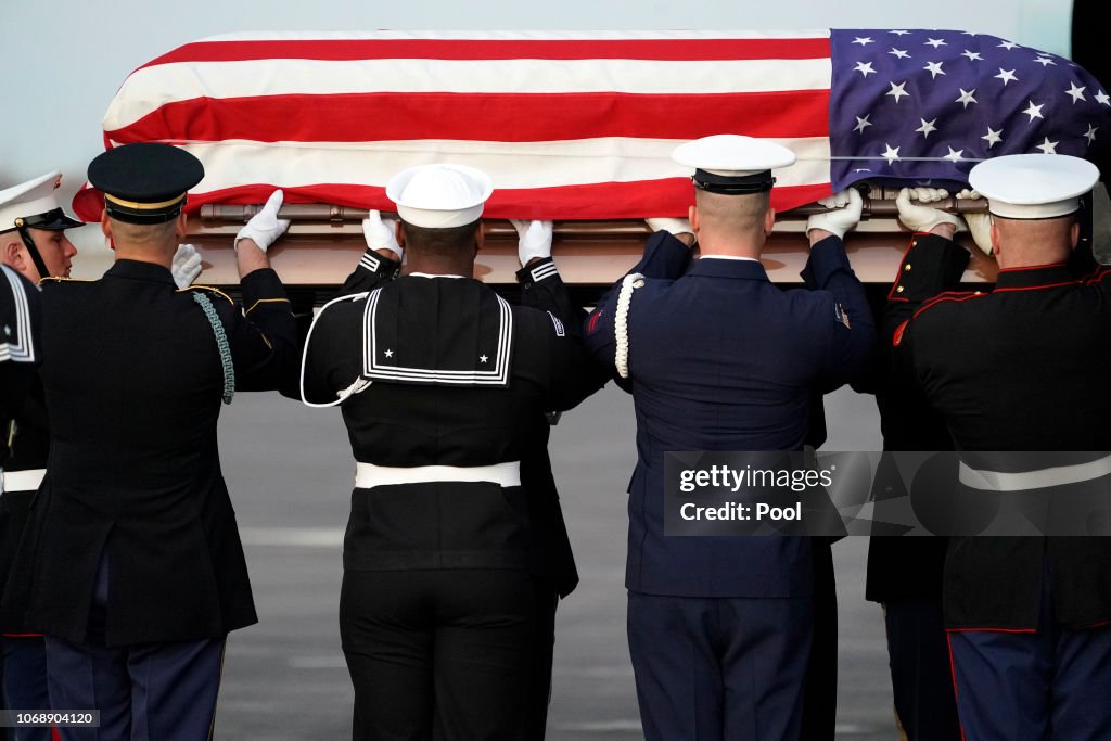 Body Of President George H.W. Bush Arrives To Ellington Air Field From D.C. For Services In Texas