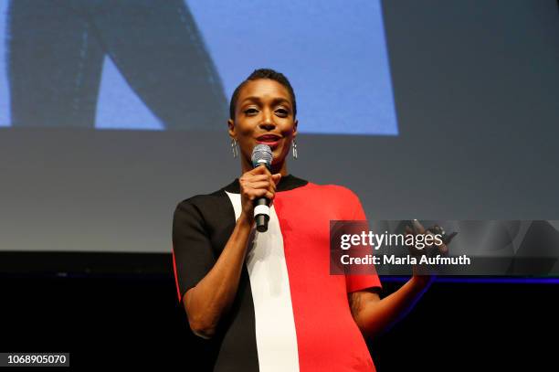 Actress, writer, producer, director and influencer Franchesca "Chescaleigh" Ramsey speaks on stage during 2018 Massachusetts Conference For Women -...