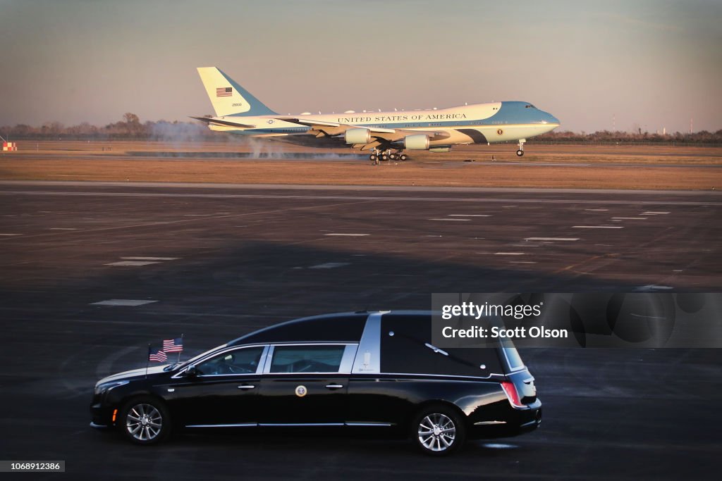 Body Of President George H.W. Bush Arrives To Ellington Air Field From D.C. For Services In Texas