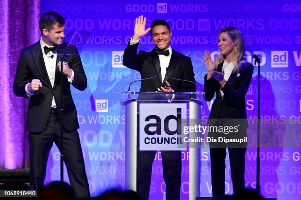 Daily Show's correspondents Michael Kosta and Desi Lydic speak with Trevor Noah at the Ad Council's 65th Annual Public Service Award Dinner at New...