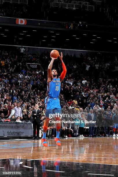 Paul George of the Oklahoma City Thunder shoots the game-winning shot against the Brooklyn Nets on December 5, 2018 at Barclays Center in Brooklyn,...