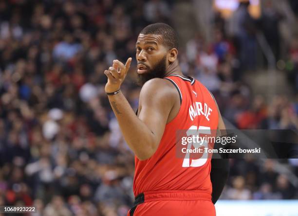 Greg Monroe of the Toronto Raptors reacts during their game against the Philadelphia 76ers at Scotiabank Arena on December 5, 2018 in Toronto,...
