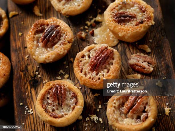 crostate di burro di pecan di dimensioni ridotte - crostata di frutta foto e immagini stock