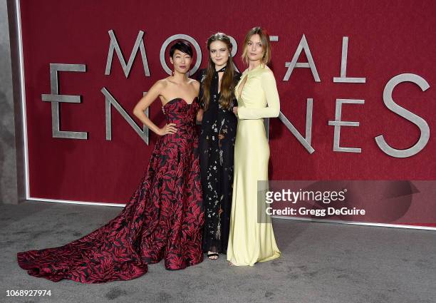 Jihae, Hera Hilmar, and Leila George arrive at the Premiere Of Universal Pictures' "Mortal Engines" at Regency Village Theatre on December 5, 2018 in...