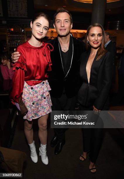 Raffey Cassidy, Jude Law, and Natalie Portman attend after party of the Los Angeles Premiere of Neon's 'Vox Lux' at ArcLight Hollywood on December 5,...