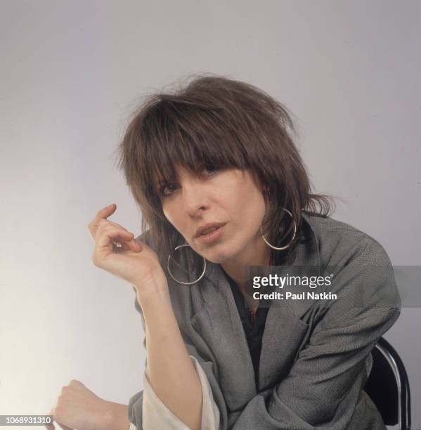 Portrait of American musician Chrissie Hynde, of the group Pretenders, as she poses at the UIC Pavillion, Chicago, Illinois, May 24, 1982.