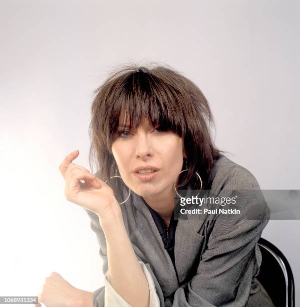 Portrait of American musician Chrissie Hynde, of the group Pretenders, as she poses at the UIC Pavillion, Chicago, Illinois, May 24, 1982.