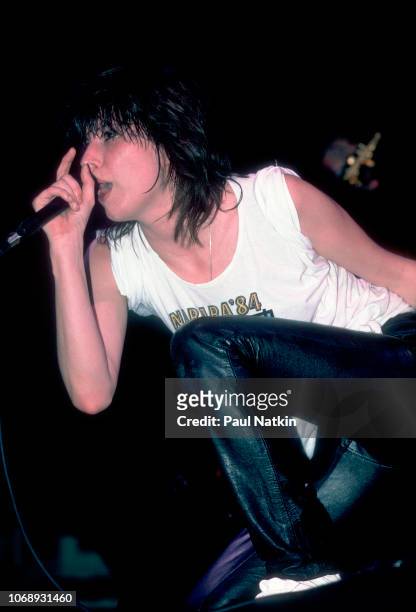 American musician Chrissie Hynde, of the group Pretenders, performs at the Aragon Ballroom, Chicago, Illinois, April 13, 1984.