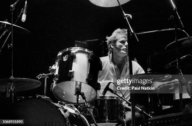 British musician Martin Chambers, of the group Pretenders, plays drums as he performs at the Park West, Chicago, Illinois, April 25, 1980.