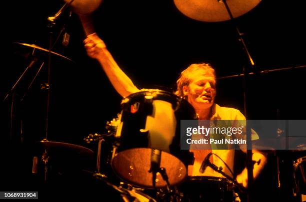 British musician Martin Chambers, of the group Pretenders, plays drums as he performs at the Park West, Chicago, Illinois, April 25, 1980.