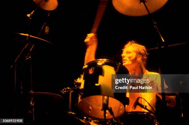 British musician Martin Chambers, of the group Pretenders, plays drums as he performs at the Park West, Chicago, Illinois, April 25, 1980.