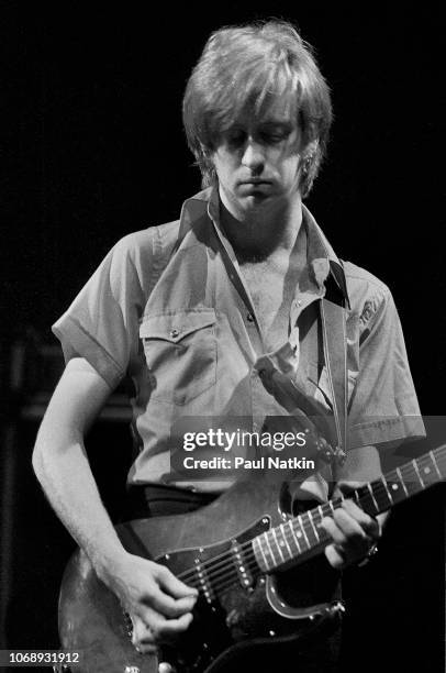 British musician James Honeyman-Scott , of the group Pretenders, plays guitar as he performs at the Park West, Chicago, Illinois, April 25, 1980.