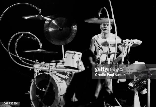 British musician Martin Chambers, of the group Pretenders, plays drums as he performs at the Poplar Creek Music Theater in Hoffman Estates, Illinois,...